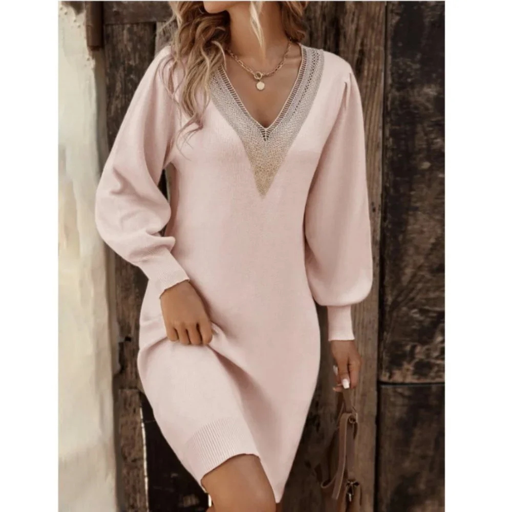 Baby Pink Preppy Womens Guipure Lace Insert Lantern Sleeve Sweater Dress - Picture 1 of 5